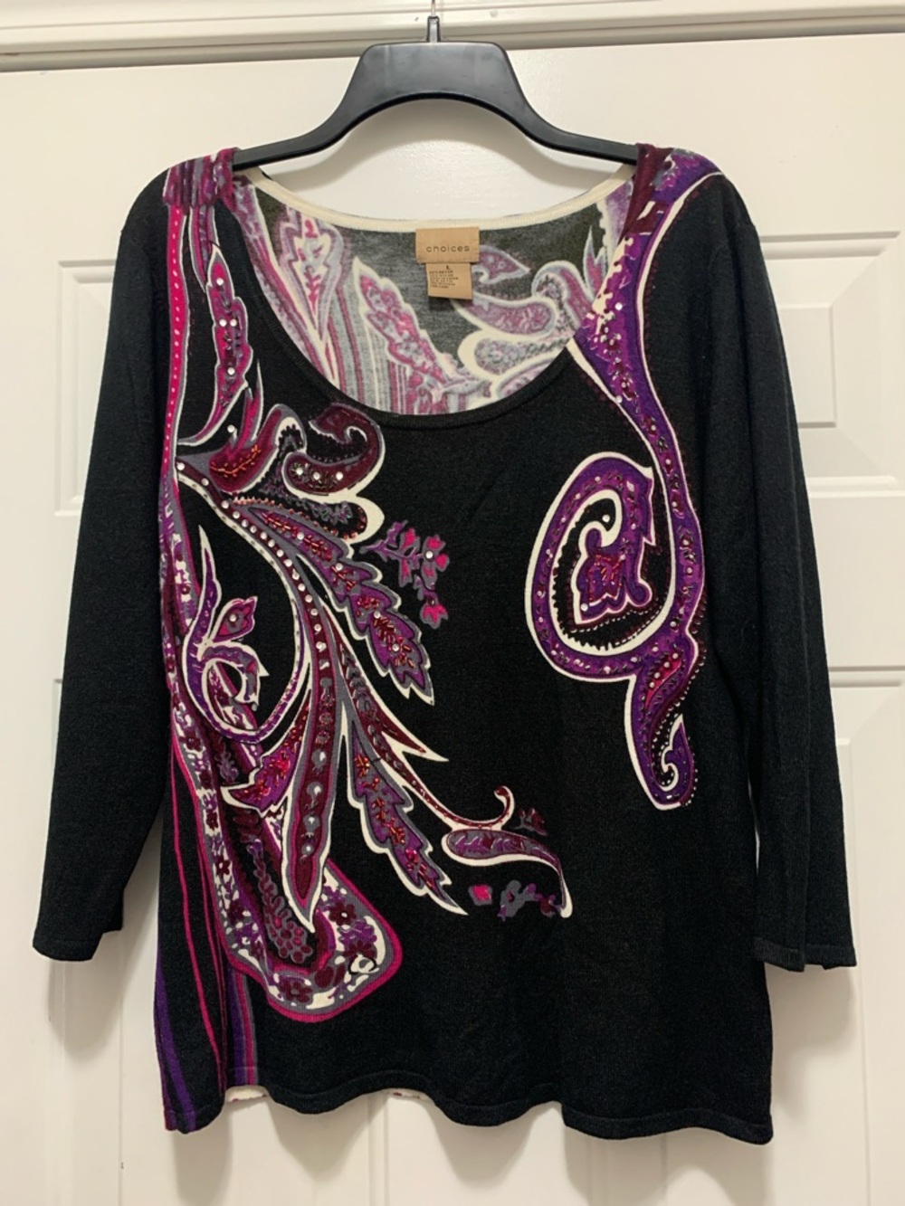 3/$15 Choices Black 3/4 Sleeve Scoop Neck Sweater w/ Purple Paisley & Beads